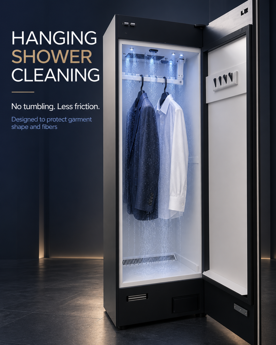 Hanging shower cleaning inside the garment care cabinet