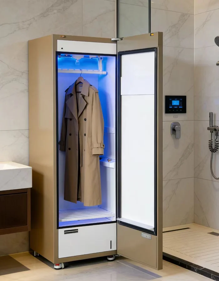 扉を開けたLINGCHONG WashDry Cabinetに掛かったコート