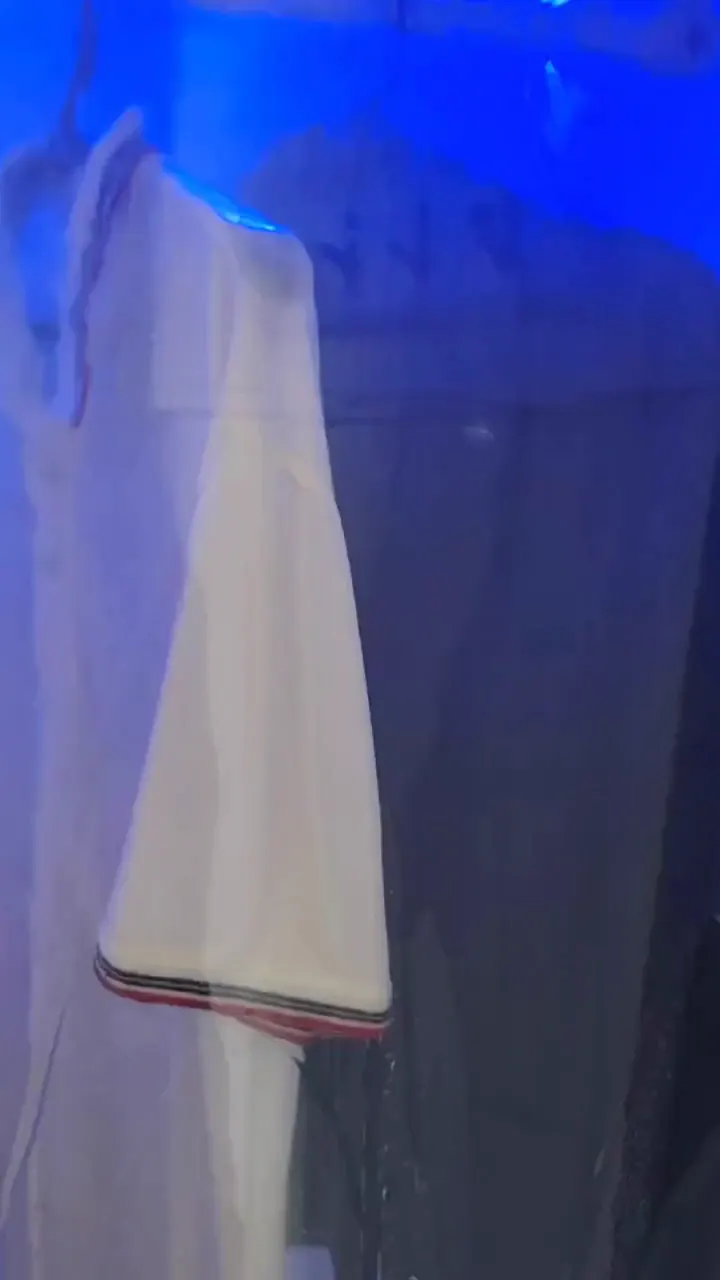 A shirt hanging in the lit chamber during a wash