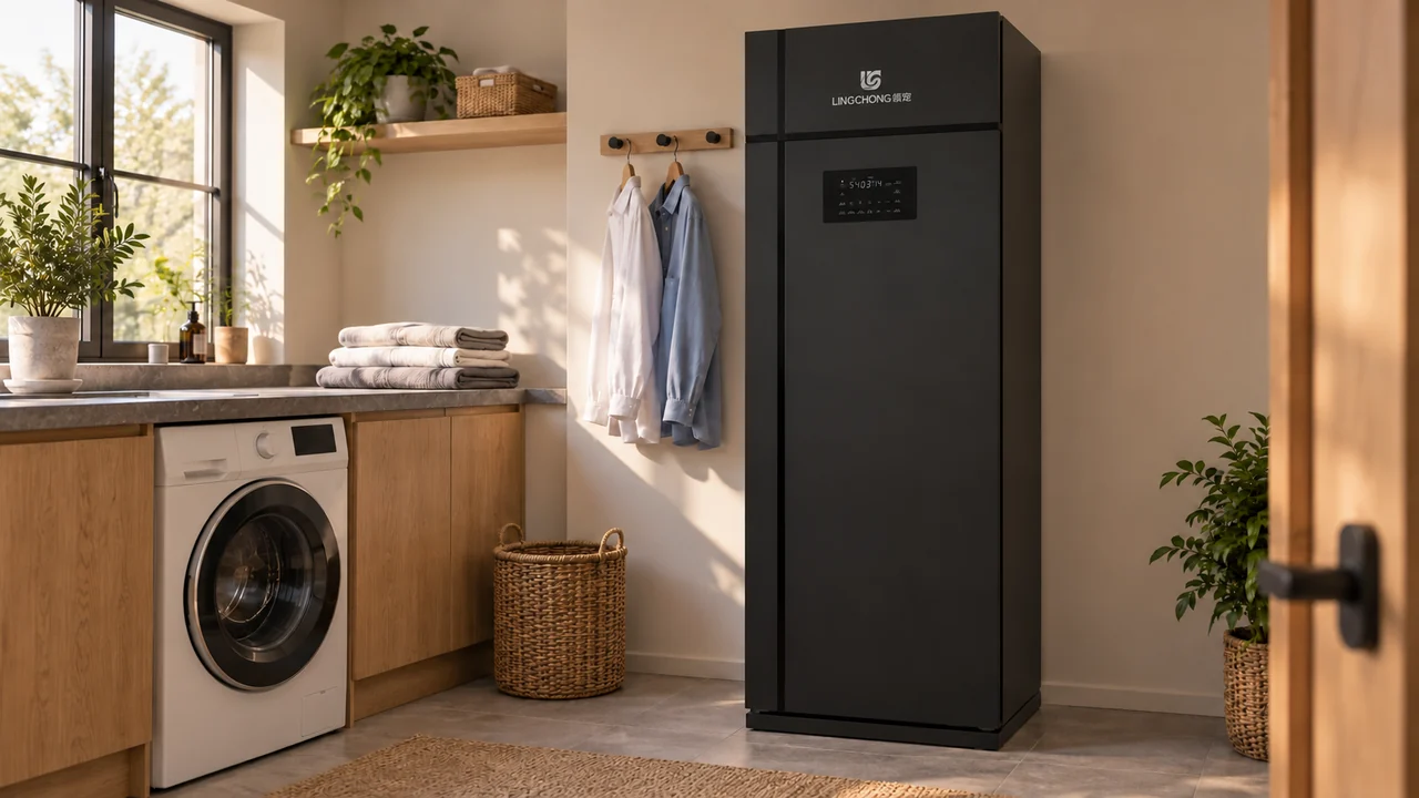Rendering of a LINGCHONG cabinet standing beside a front-loading washing machine in a utility room
