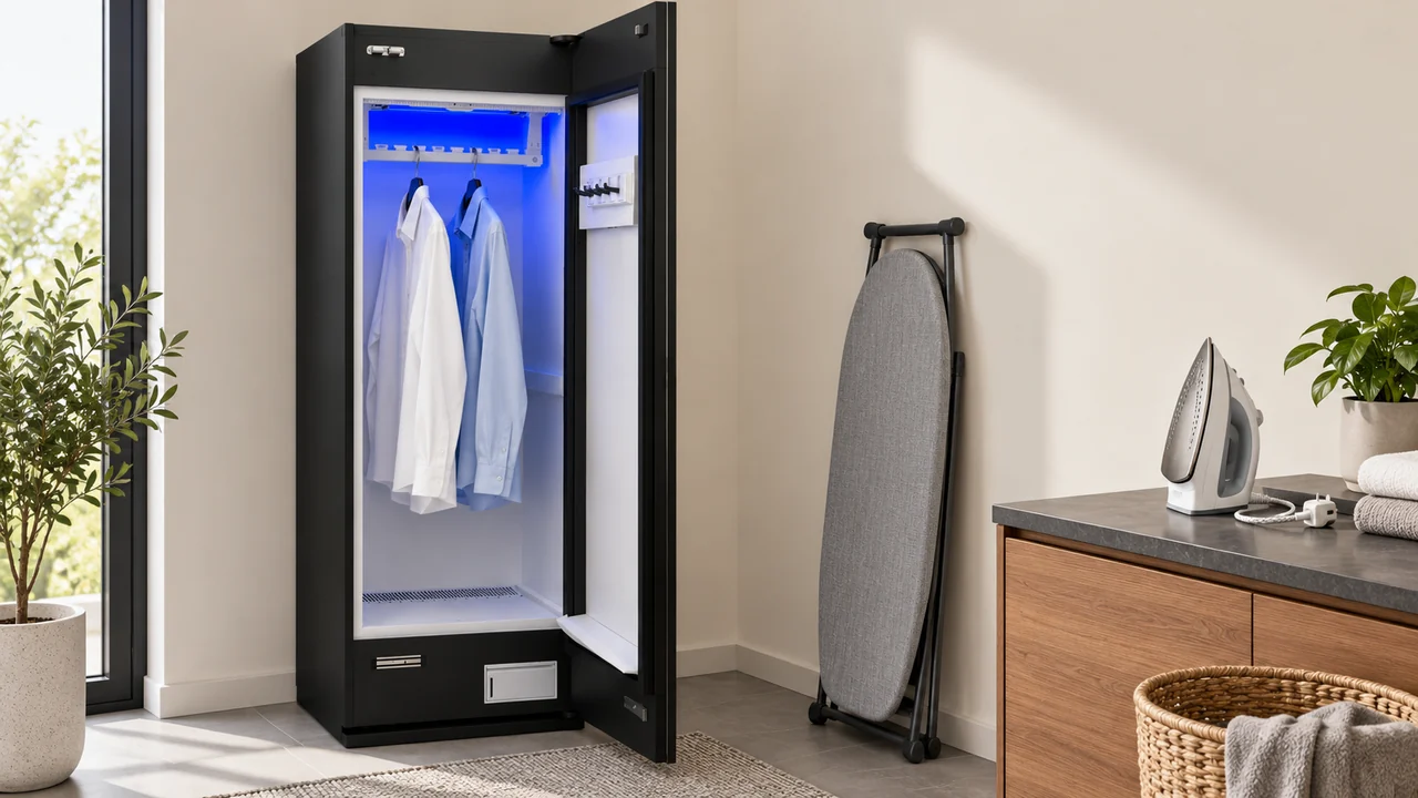 Rendering of an open LINGCHONG with shirts on hangers next to a folded ironing board