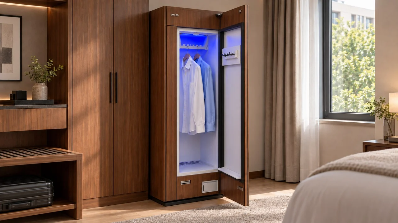 Rendering di un armadio LINGCHONG aperto integrato in un guardaroba in noce in camera da letto