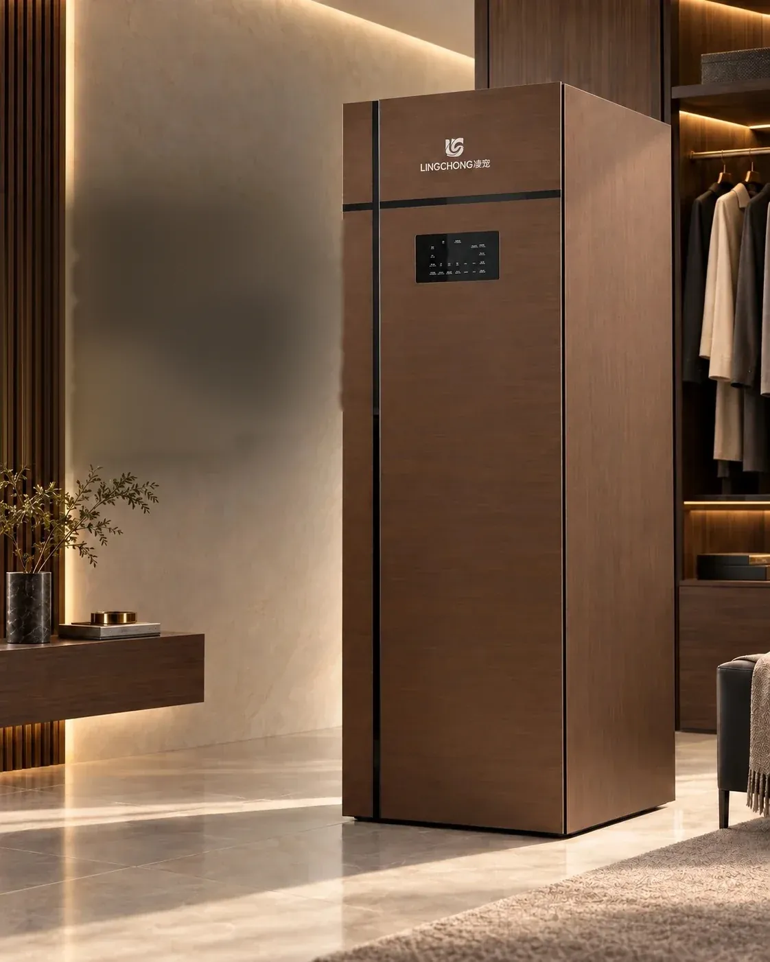 Rendering di un armadio LINGCHONG in finitura noce in una cabina armadio residenziale
