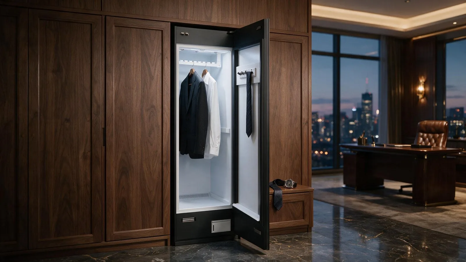 Rendering di un armadio LINGCHONG aperto integrato in una parete attrezzata in noce di un ufficio direzionale, di notte, con giacca e camicia bianca all'interno