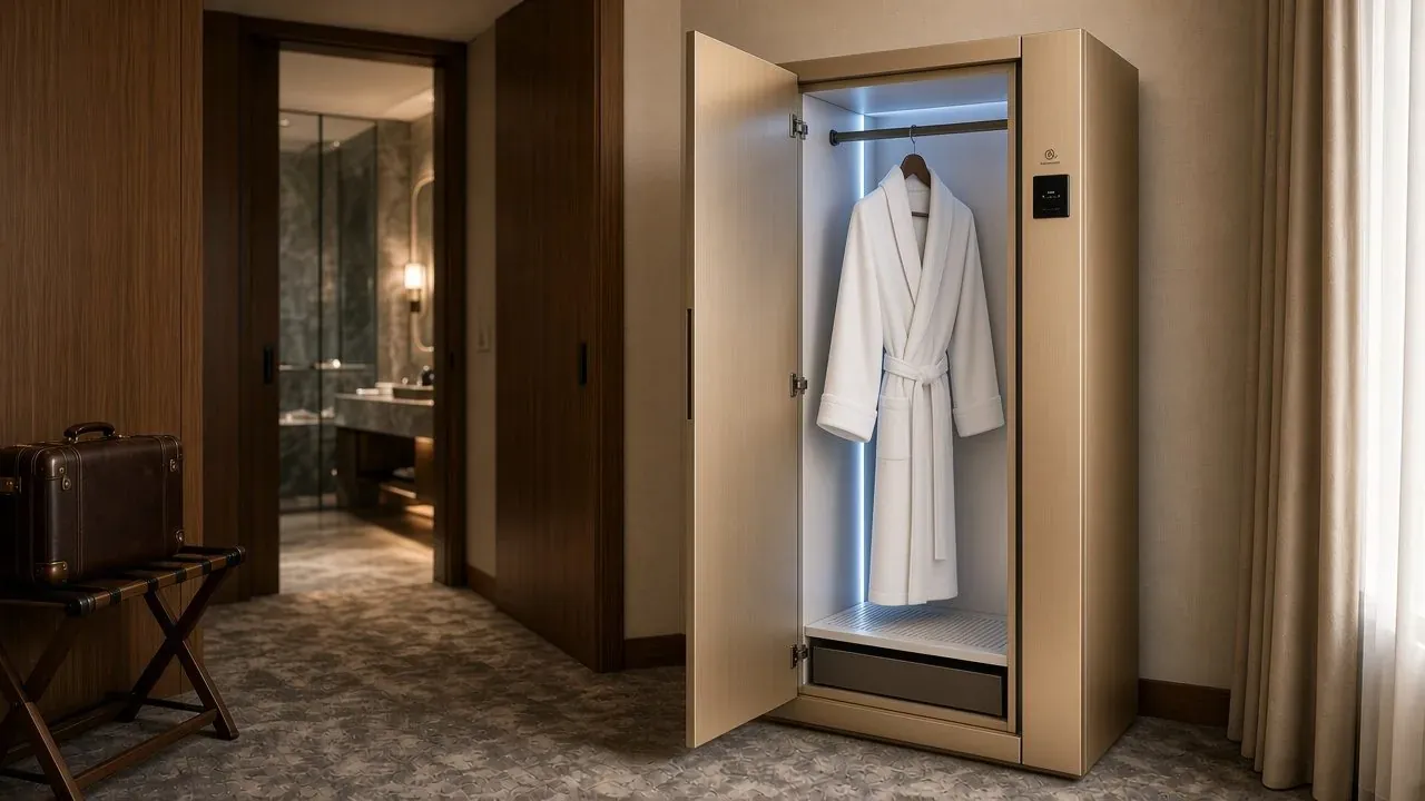 Rendering di un armadio LINGCHONG in finitura champagne in una suite d'hotel, anta aperta con un accappatoio appeso all'interno