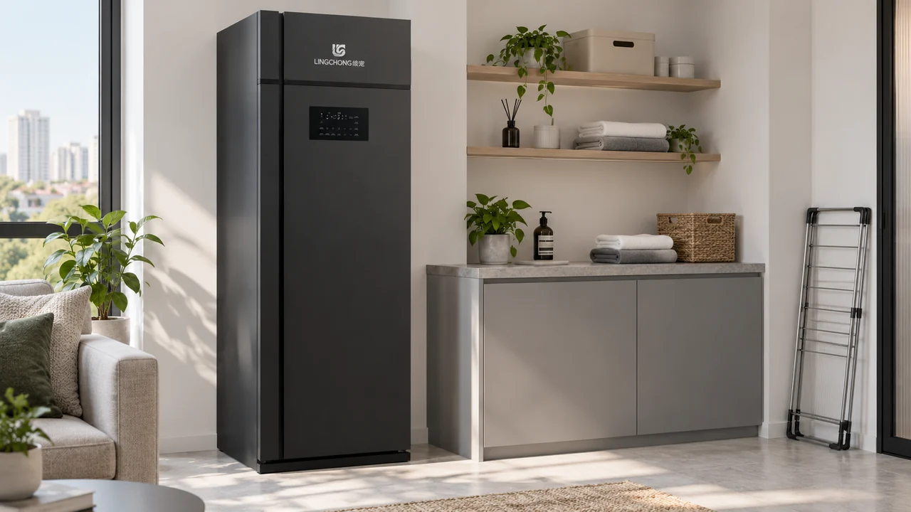 Render de un armario grafito cerrado en un salón pequeño