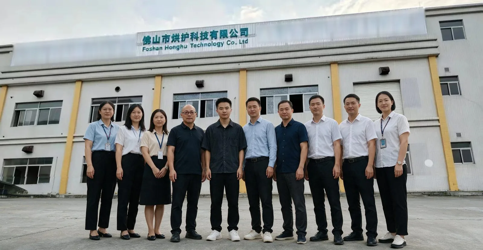 El equipo de Foshan Honghu Technology frente al edificio de la fábrica en Foshan