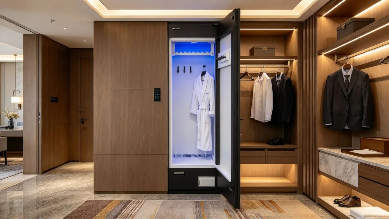 Rendering di un armadio LINGCHONG grafite integrato nel guardaroba di una suite d'hotel, anta aperta con un accappatoio appeso all'interno