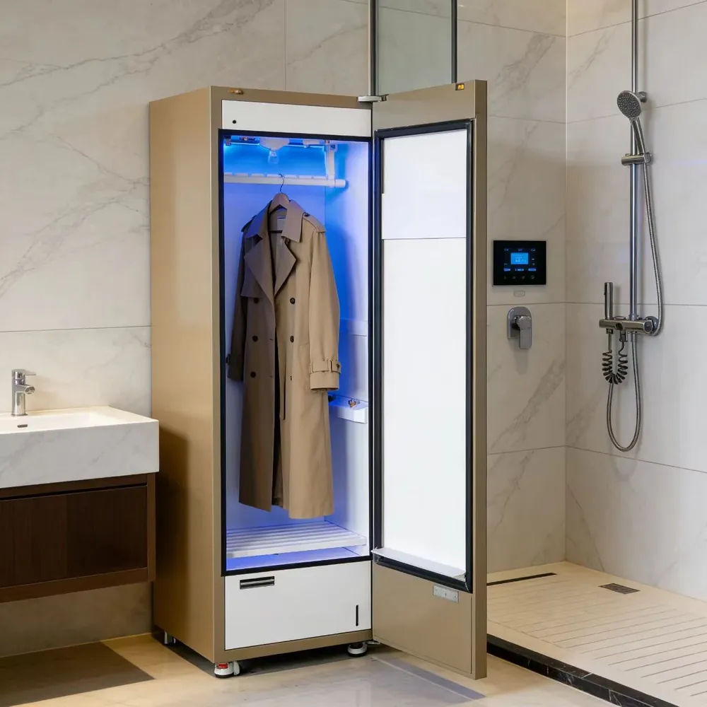 LINGCHONG WashDry Cabinet aberto com um casaco no cabide